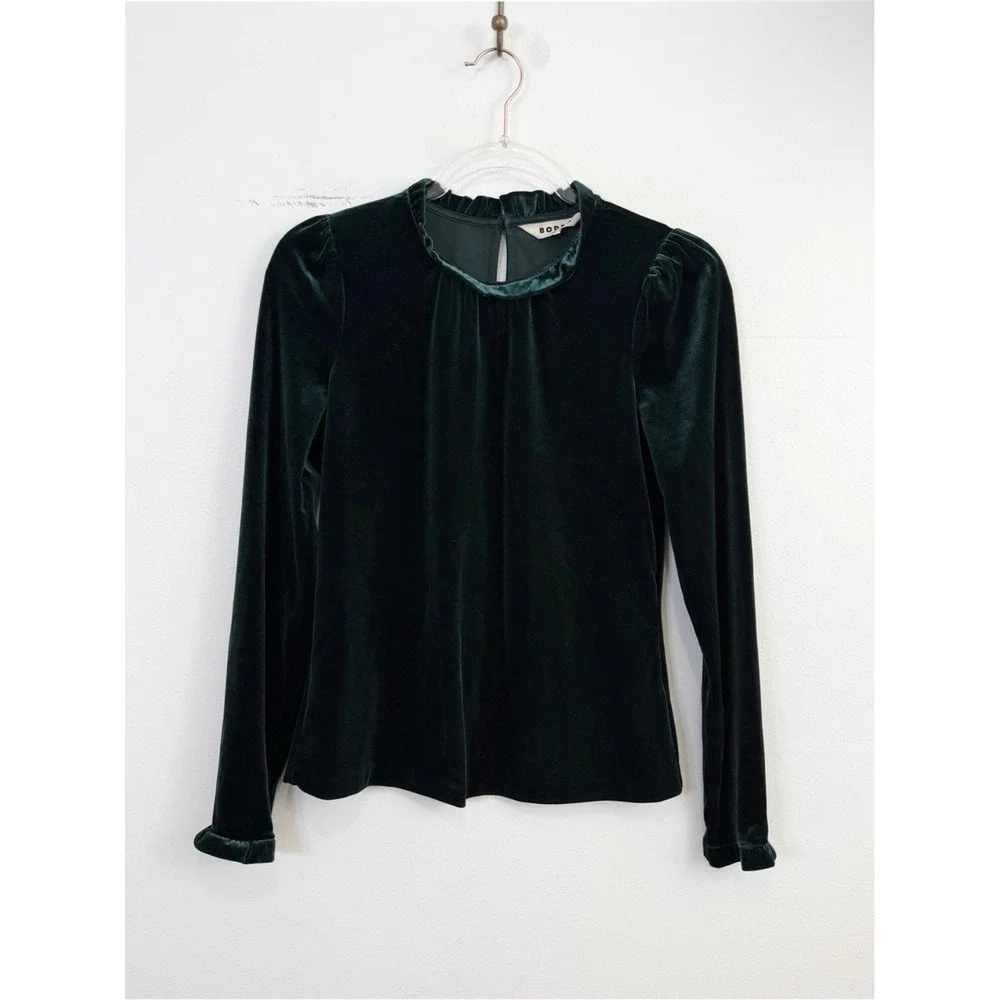 Boden Velvet Frill Neck Top Dark Green Long Sleeve Size US 4 UK 8